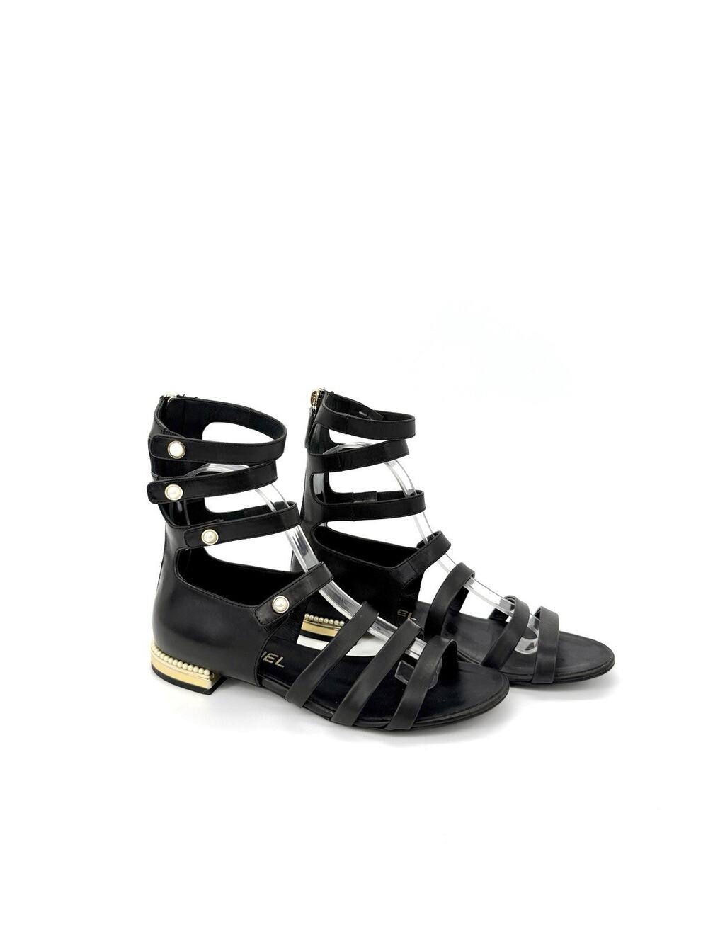 Chanel Strappy Pearl Gladiator Sandals 36.5 US 6.5 Black Leather Low Block Heel